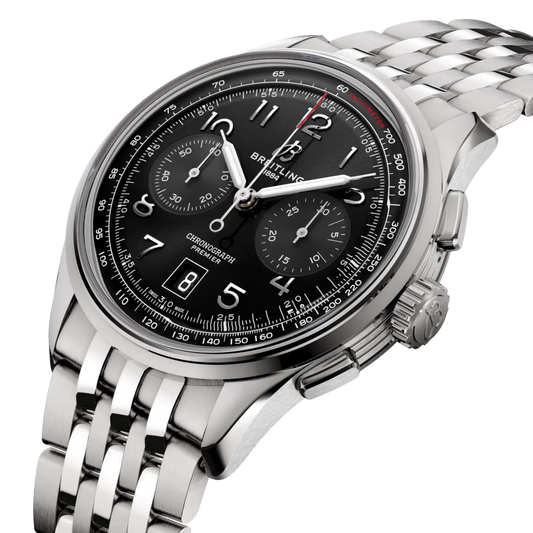 side view of Breitling Premier Chronograph stainless steel case pushers crown and polished bezel detail