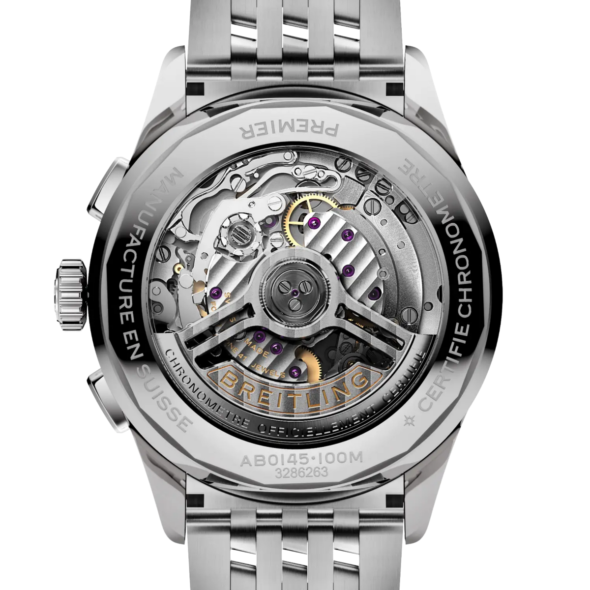 case back of Breitling Premier Chronograph stainless steel showing engraved branding and specifications