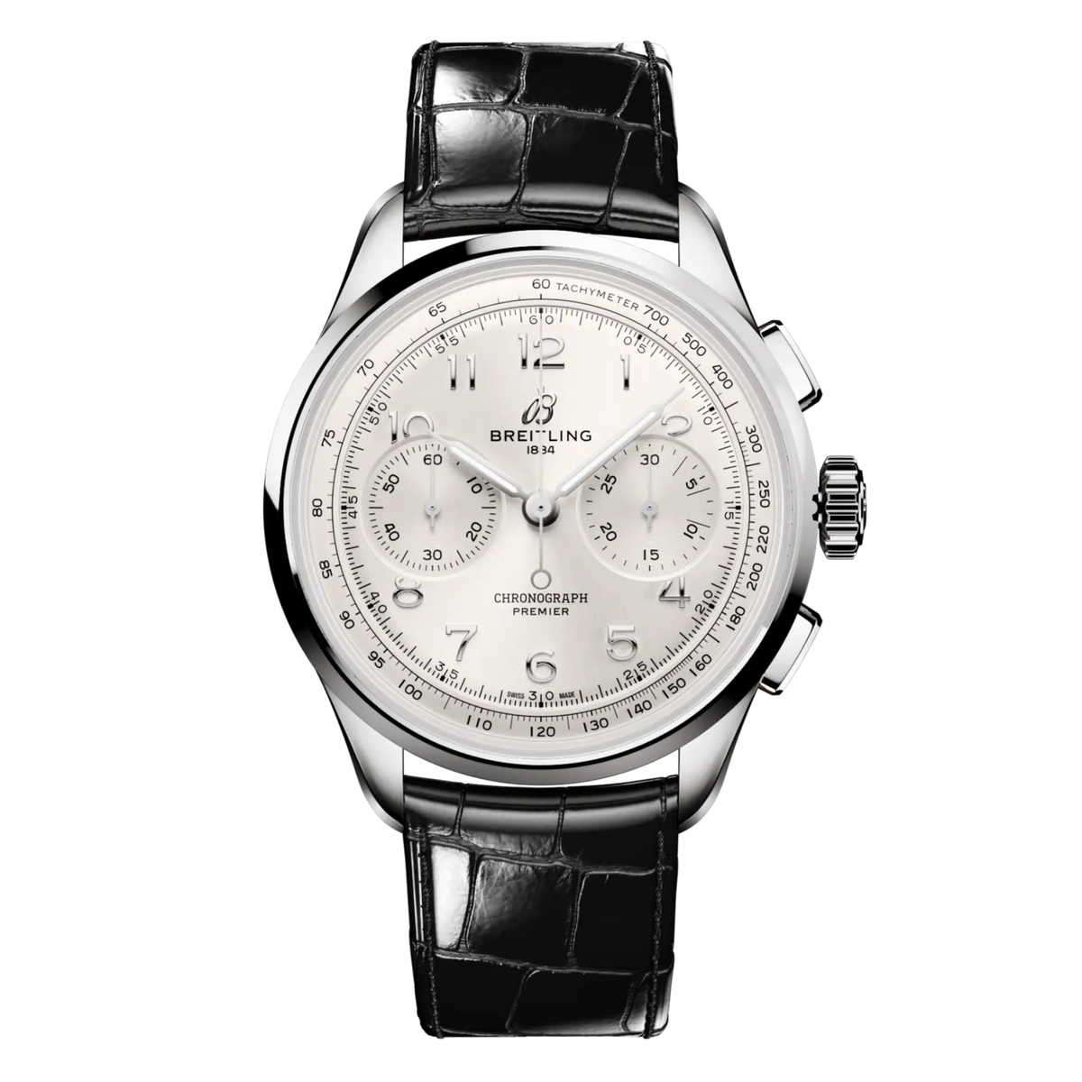 Breitling Premier Chronograph silver dial watch black leather strap tachymeter scale