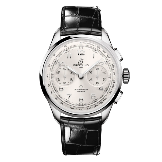 Breitling Premier Chronograph silver dial watch black leather strap tachymeter scale