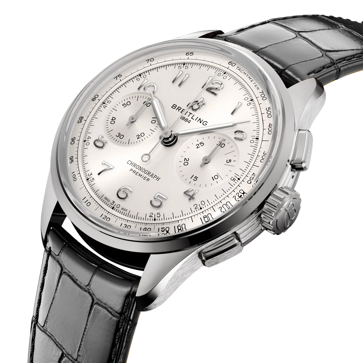 side view of Breitling Premier Chronograph stainless steel case pushers crown and polished bezel detail