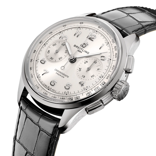 side view of Breitling Premier Chronograph stainless steel case pushers crown and polished bezel detail
