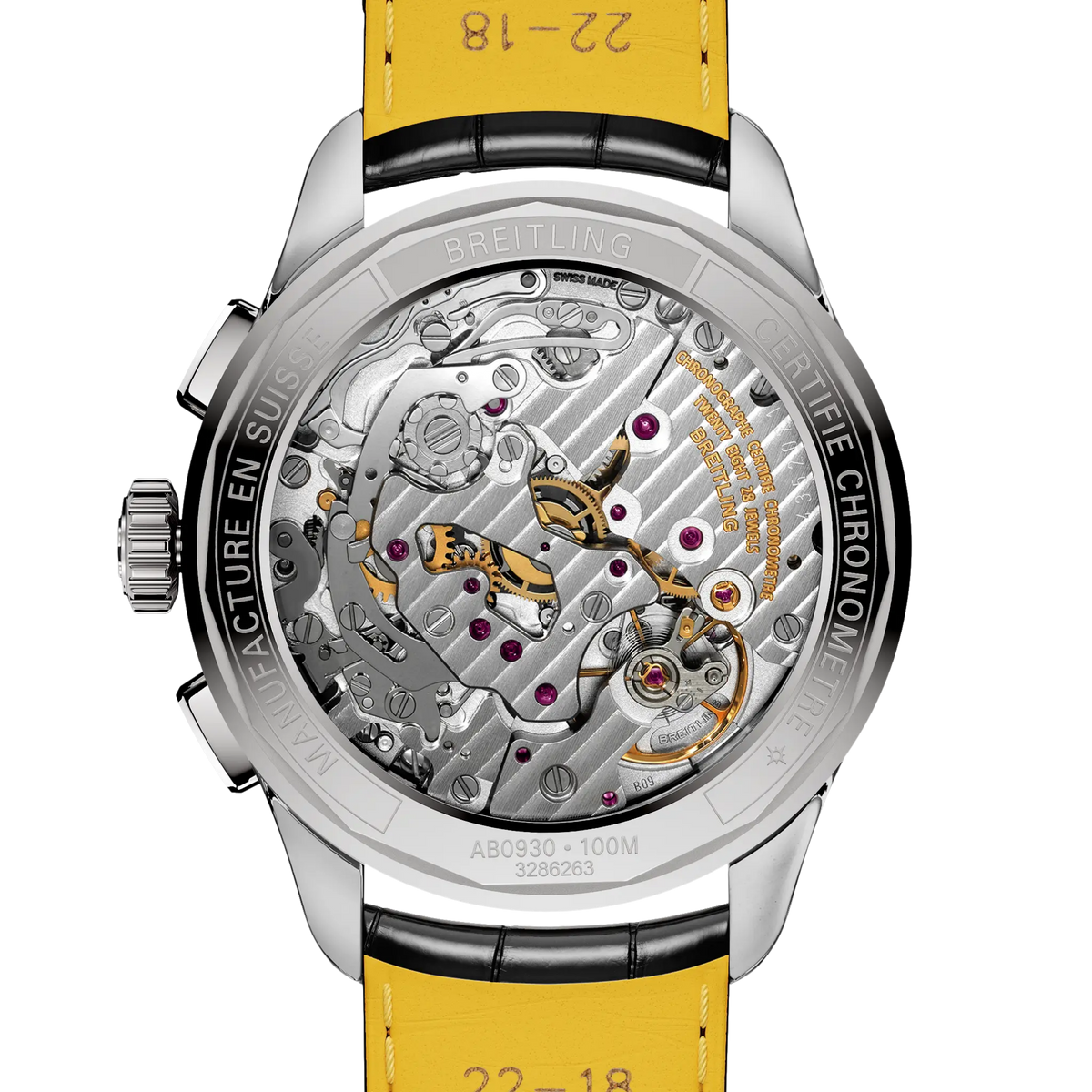 case back of Breitling Premier Chronograph stainless steel showing engraved branding and specifications