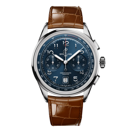 Breitling Premier Chronograph blue dial watch brown leather strap tachymeter scale
 