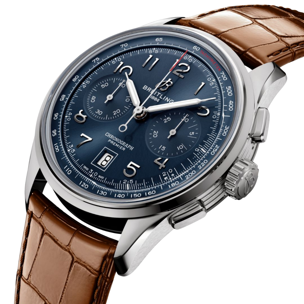 side view of Breitling Premier Chronograph stainless steel case pushers crown and polished bezel detail
