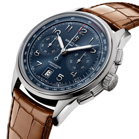 side view of Breitling Premier Chronograph stainless steel case pushers crown and polished bezel detail
