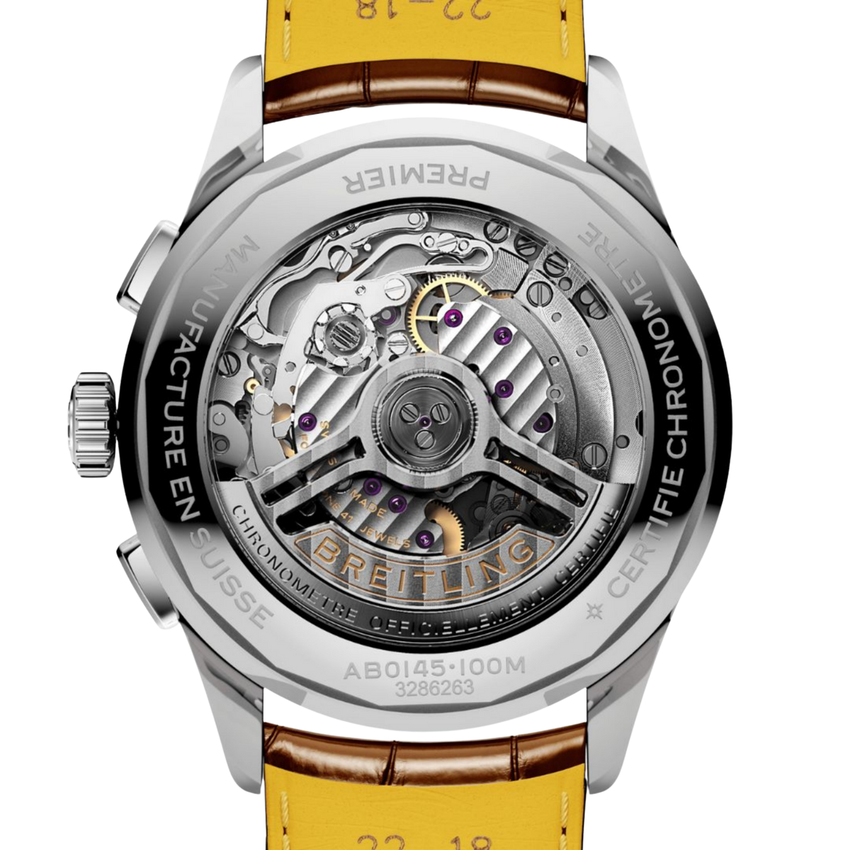 case back of Breitling Premier Chronograph stainless steel showing engraved branding and specifications
