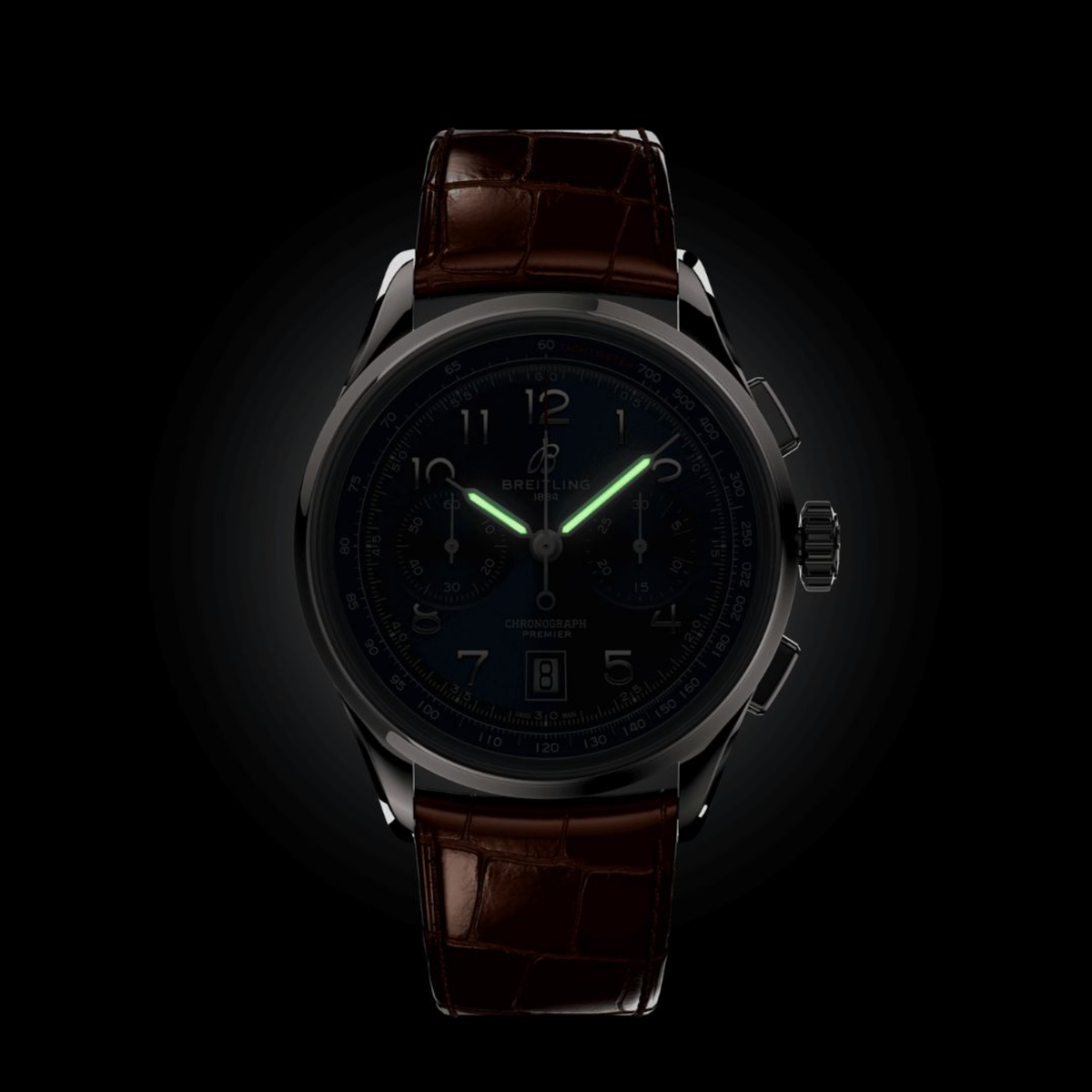 Breitling Premier Chronograph blue dial watch worn on wrist with brown leather strap