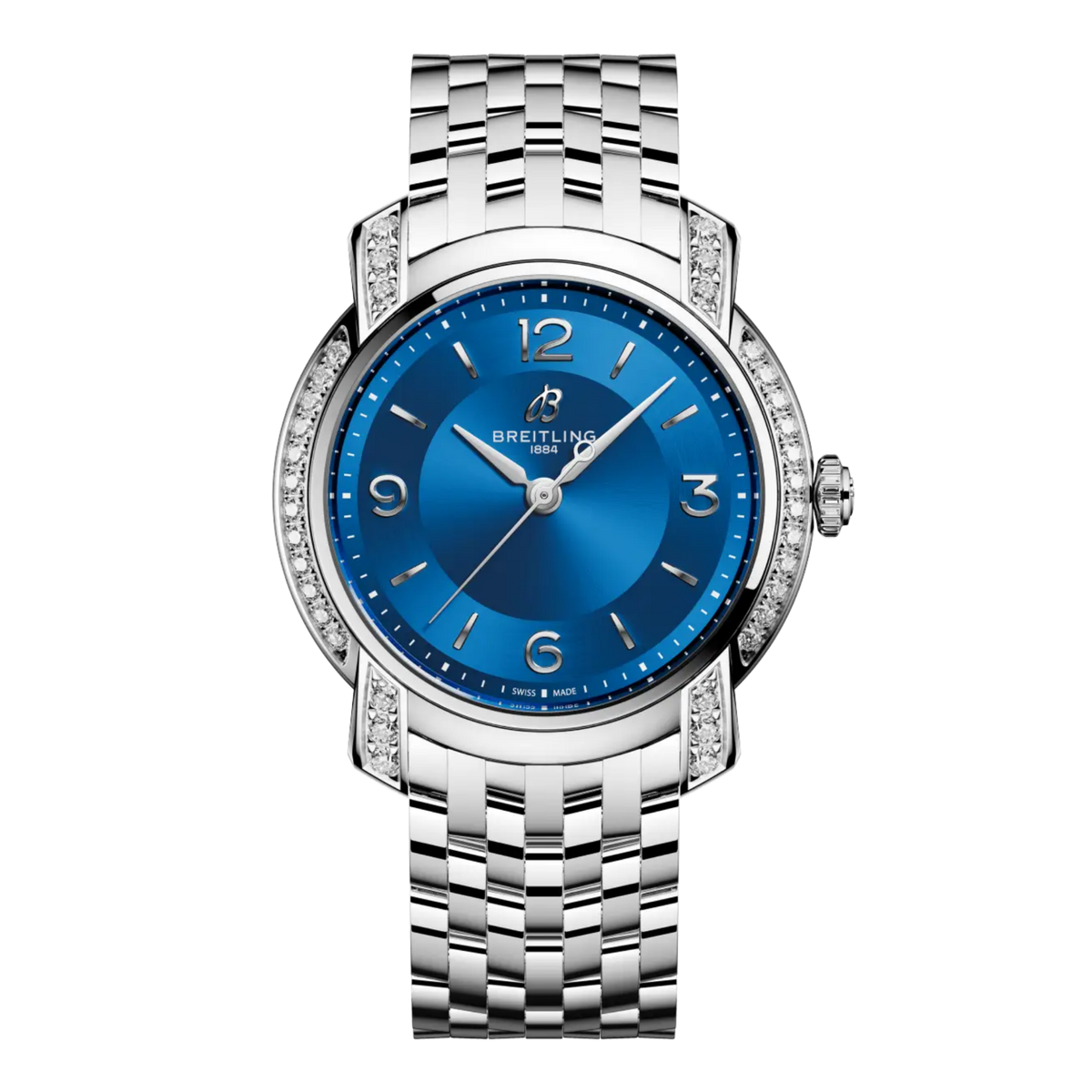 Breitling watch blue dial diamond set bezel stainless steel bracelet