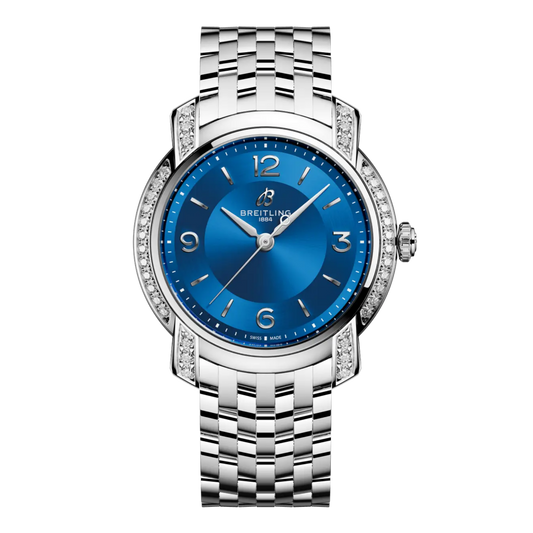 Breitling watch blue dial diamond set bezel stainless steel bracelet