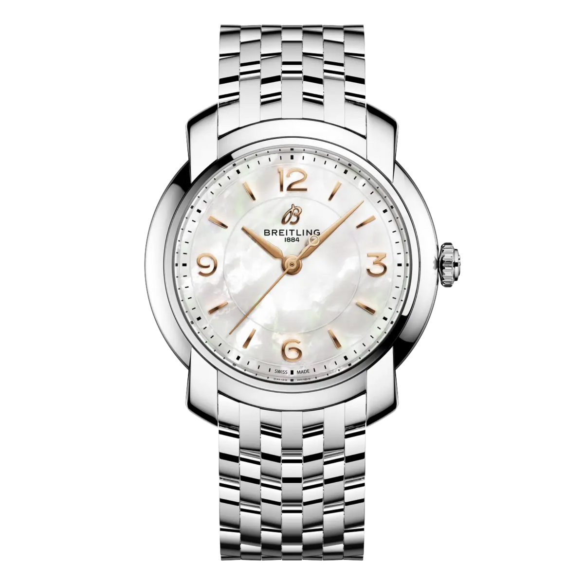 Breitling three-hand mother-of-pearl dial watch with rose gold tone numerals and stainless steel bracelet