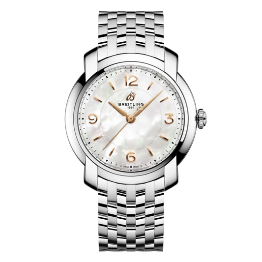 Breitling three-hand mother-of-pearl dial watch with rose gold tone numerals and stainless steel bracelet