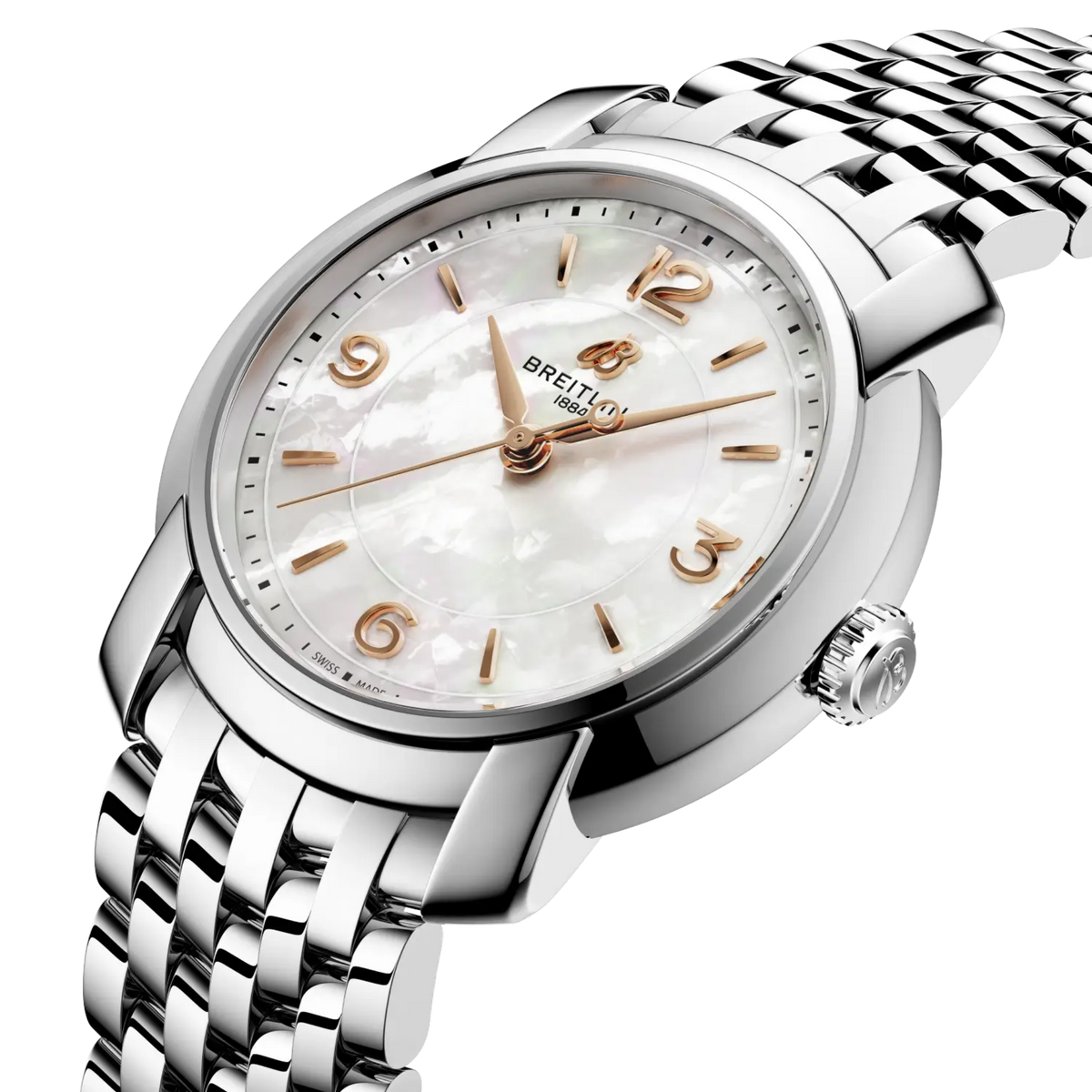 side view of Breitling stainless steel case highlighting the smooth polished finish and classic crown