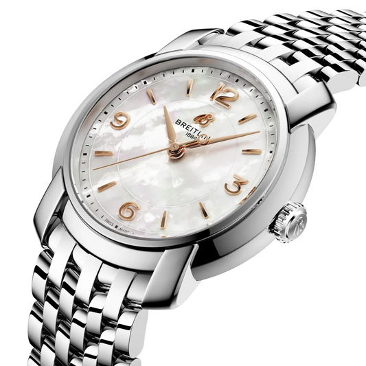 side view of Breitling stainless steel case highlighting the smooth polished finish and classic crown