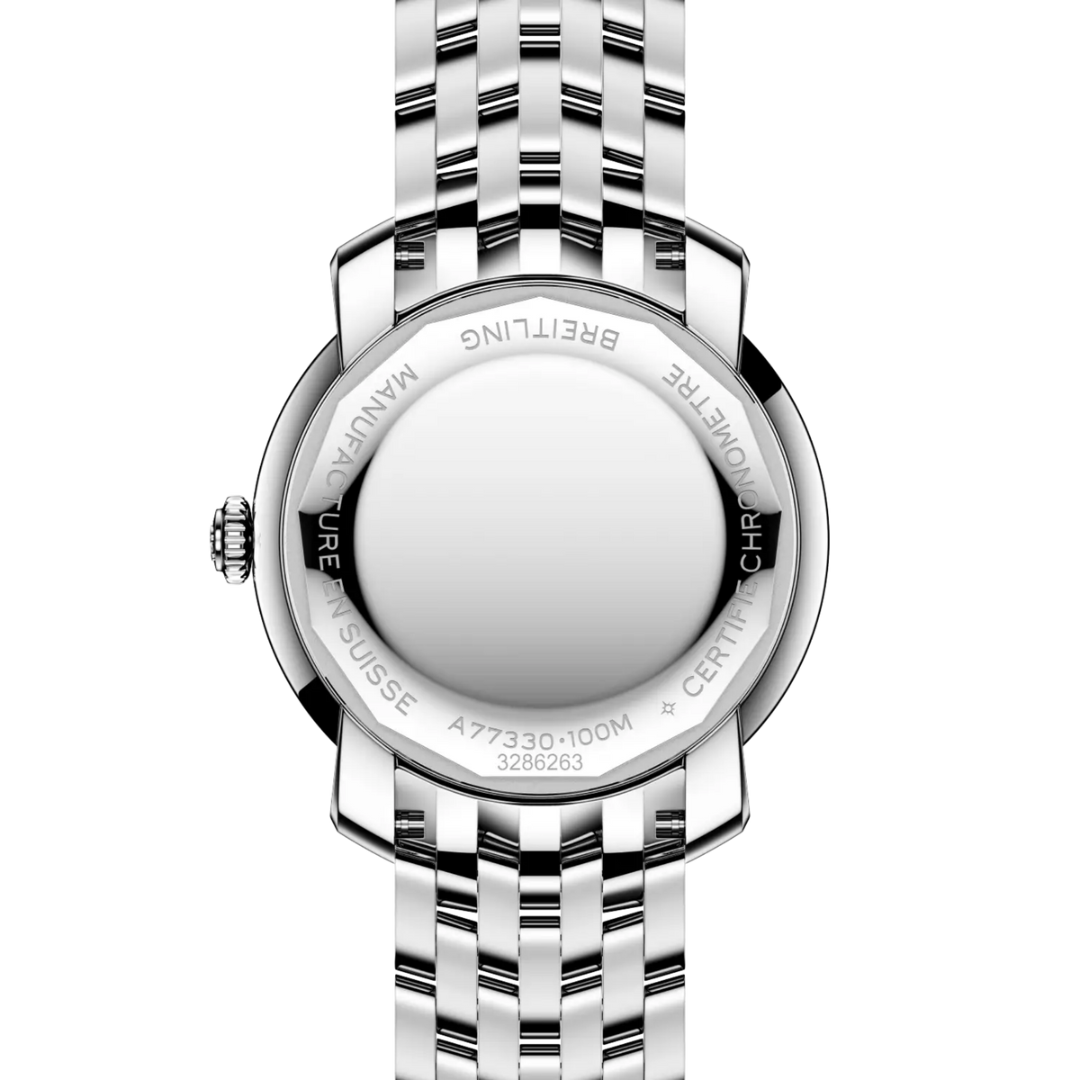 case back of Breitling stainless steel watch showing engraved branding and specifications