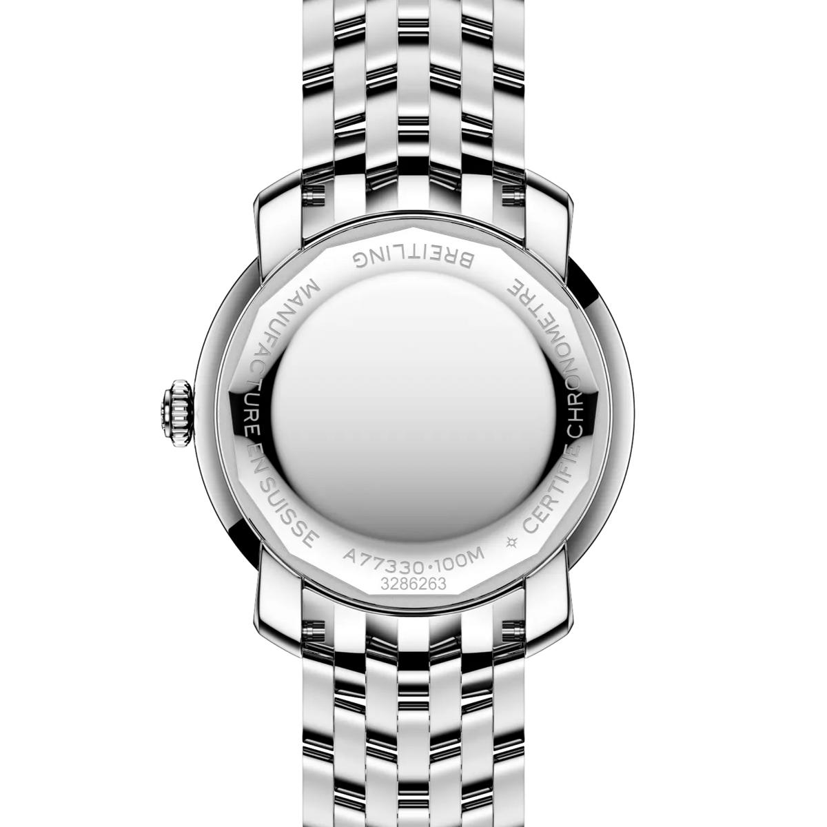 case back of Breitling watch featuring engraved detailing and solid steel construction