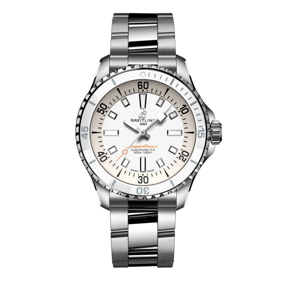 Breitling Superocean Automatic 36 stainless steel dive watch with black dial, black ceramic bezel and steel bracelet.