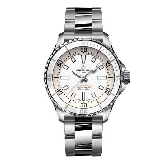 Breitling Superocean Automatic 36 stainless steel dive watch with black dial, black ceramic bezel and steel bracelet.