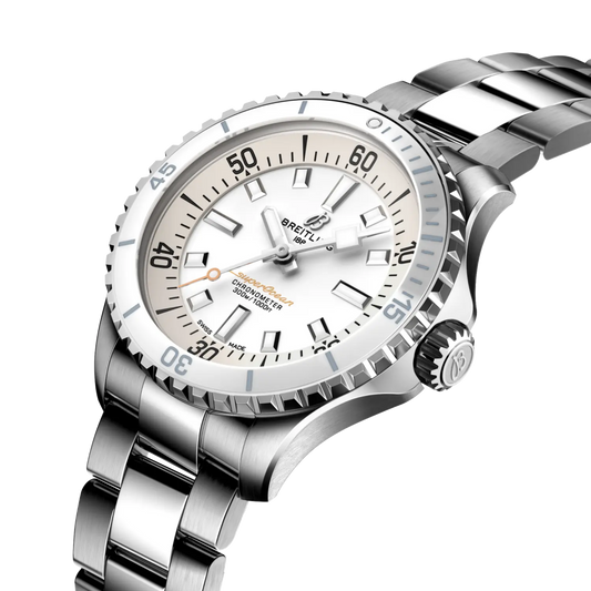 Breitling Superocean Automatic 36mm watch featuring a black dial, luminous hour markers and stainless steel bracelet.