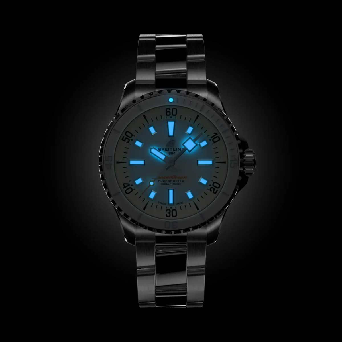 Breitling Superocean Automatic 36 luxury dive watch with black dial, steel bracelet and durable stainless steel case.