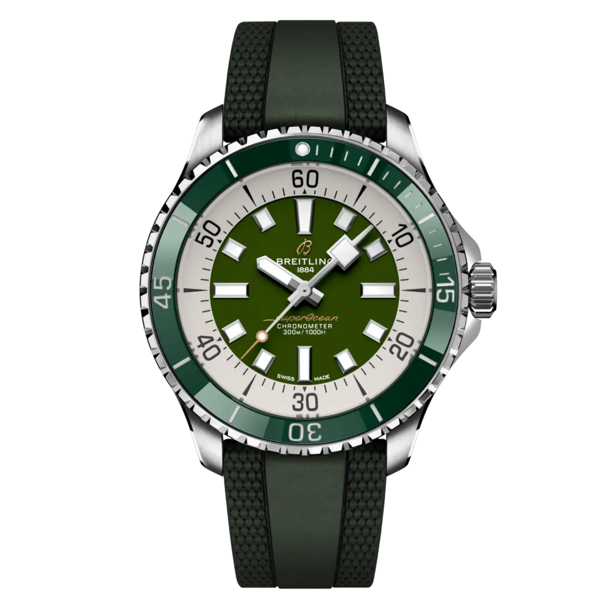The Breitling Superocean Automatic 44 is built for adventure, combining a bold green dial with a tough stainless steel case and 300m water resistance. A reliable dive watch that works just as well on land as it does at sea.