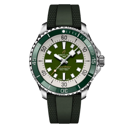 The Breitling Superocean Automatic 44 is built for adventure, combining a bold green dial with a tough stainless steel case and 300m water resistance. A reliable dive watch that works just as well on land as it does at sea.