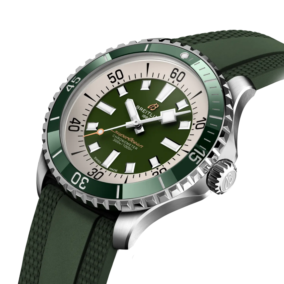 Sporty and robust, the Superocean Automatic 44 features a 44mm stainless steel case, automatic movement, and a vibrant green dial. Designed for strong performance and everyday wear.