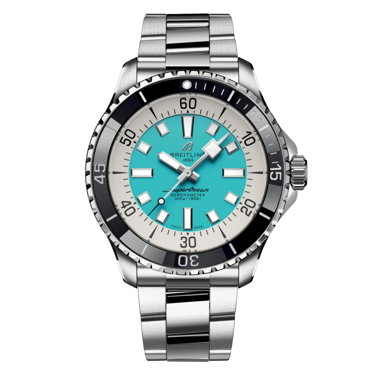 Breitling Superocean turquoise dial watch stainless steel bracelet black ceramic bezel