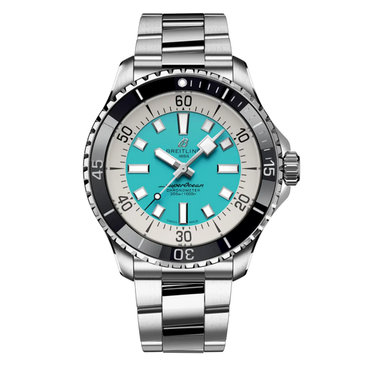 Breitling Superocean turquoise dial watch stainless steel bracelet black ceramic bezel