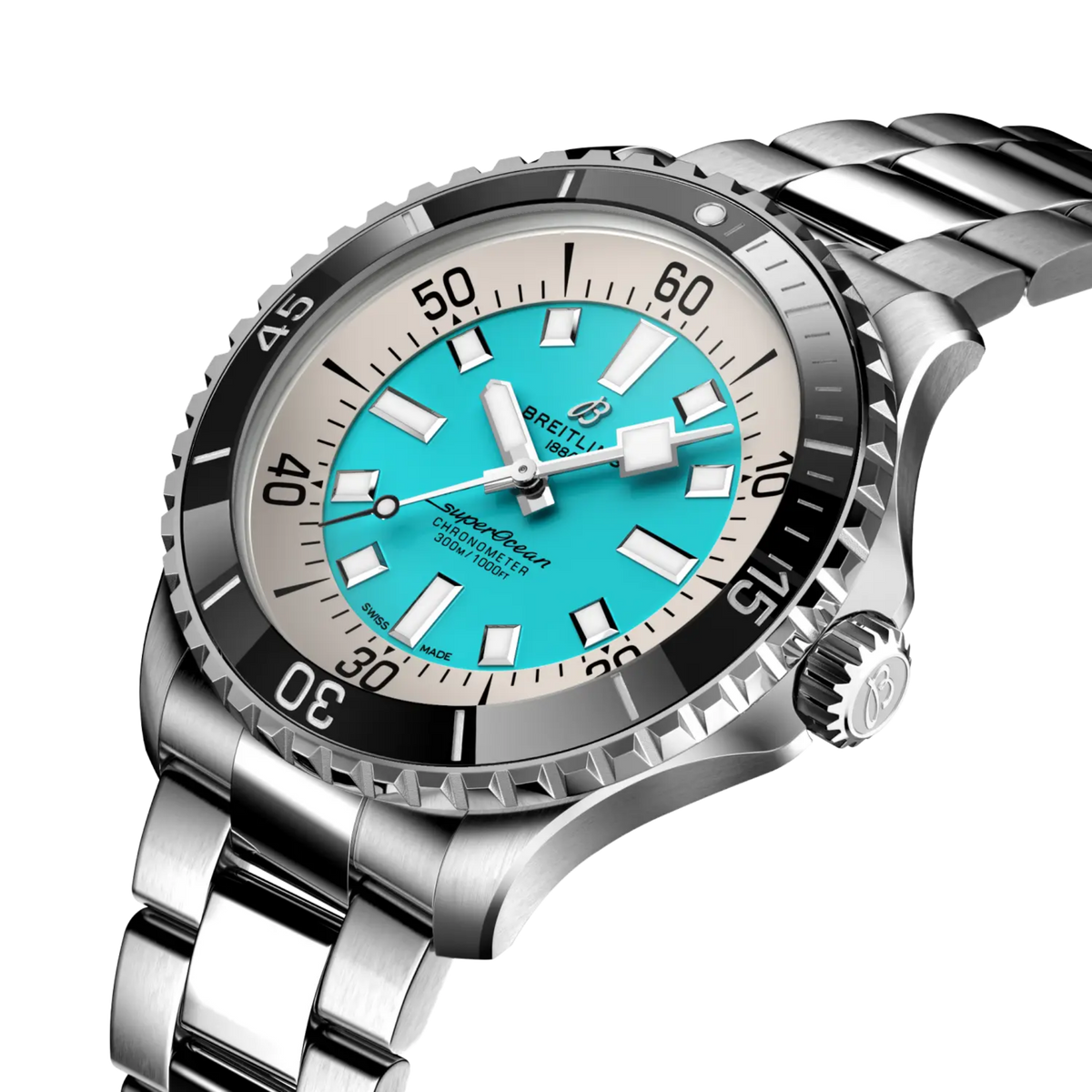 side view of Breitling Superocean stainless steel case crown and unidirectional bezel detail