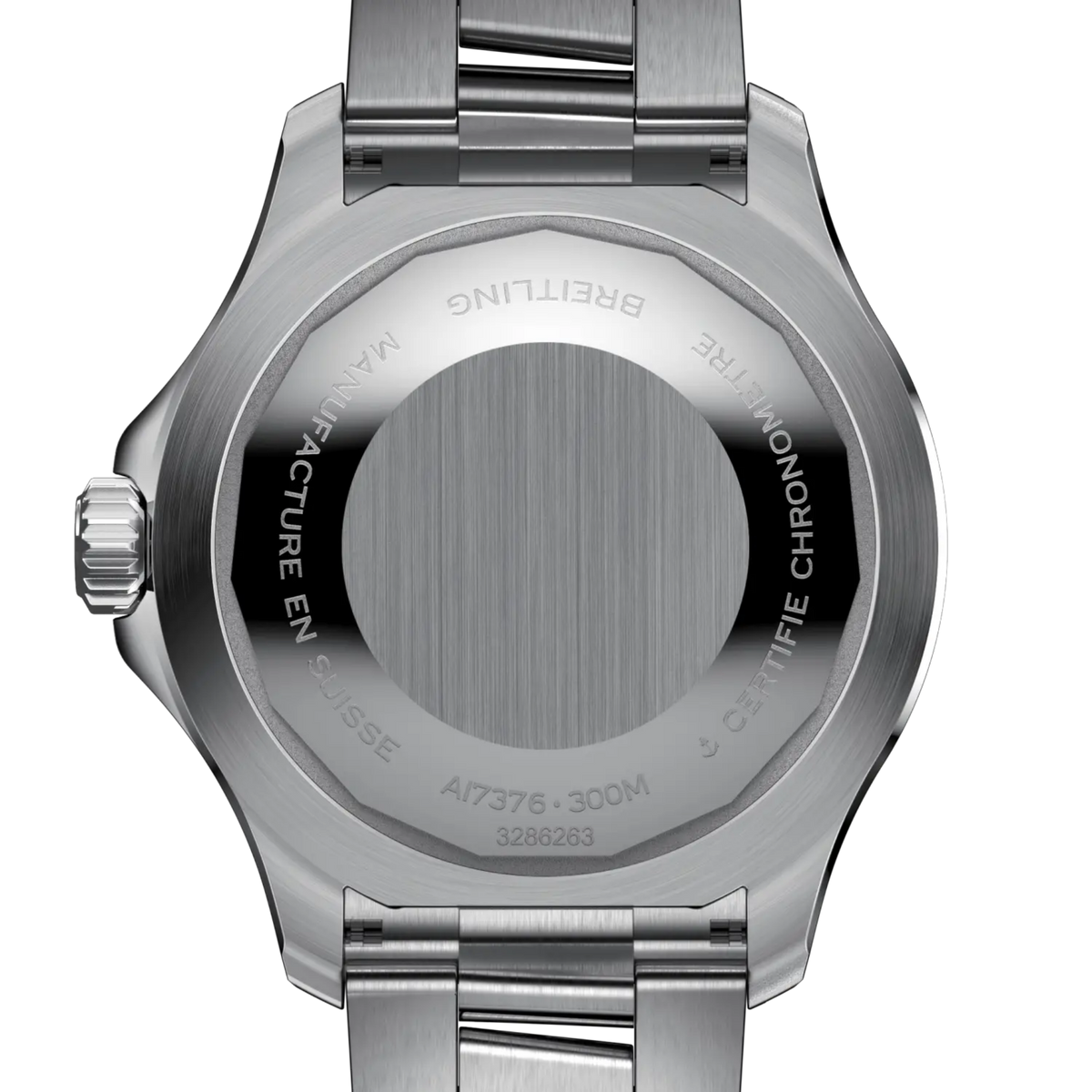 case back of Breitling Superocean stainless steel watch showing engraved branding and water resistance markings