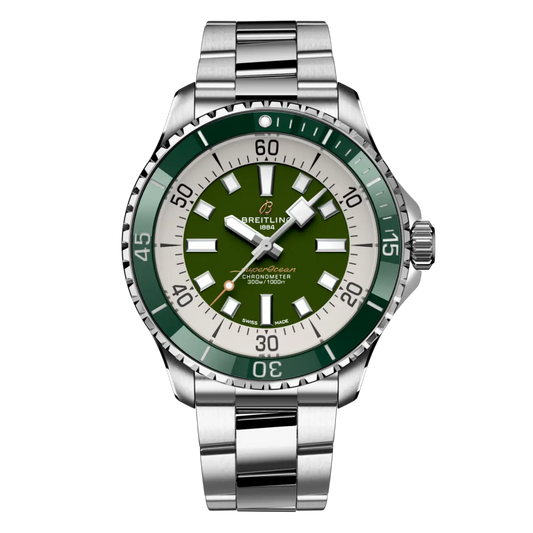 Breitling Superocean green dial watch stainless steel bracelet green ceramic bezel