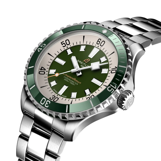 side view of Breitling Superocean stainless steel case crown and unidirectional bezel detail