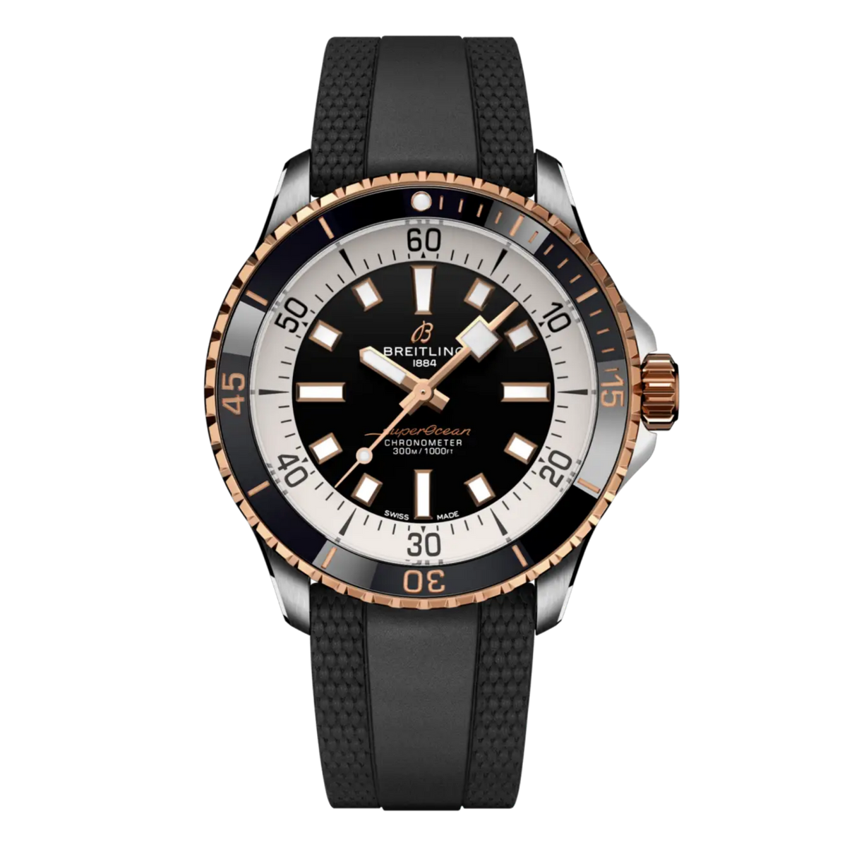 Breitling Superocean black dial watch two-tone steel and rose gold rubber strap