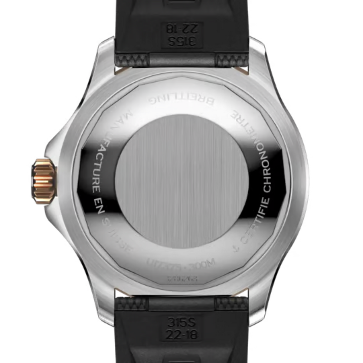 case back of Breitling Superocean stainless steel and rose gold watch engraved with branding and 300m water resistance