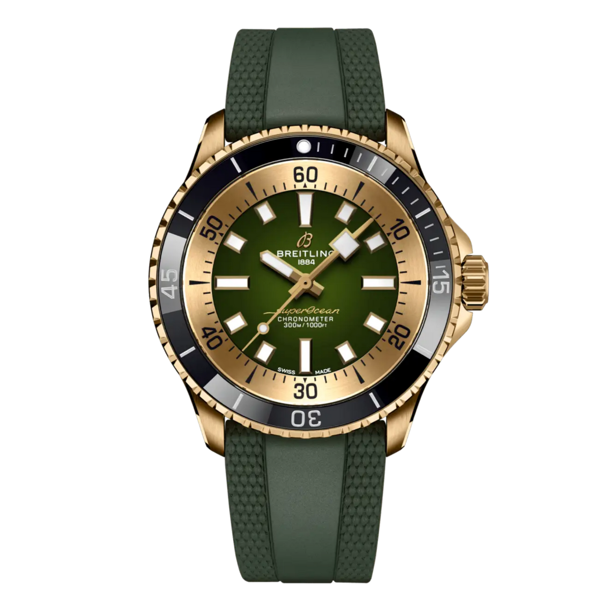 Breitling Superocean green dial watch gold case green rubber strap