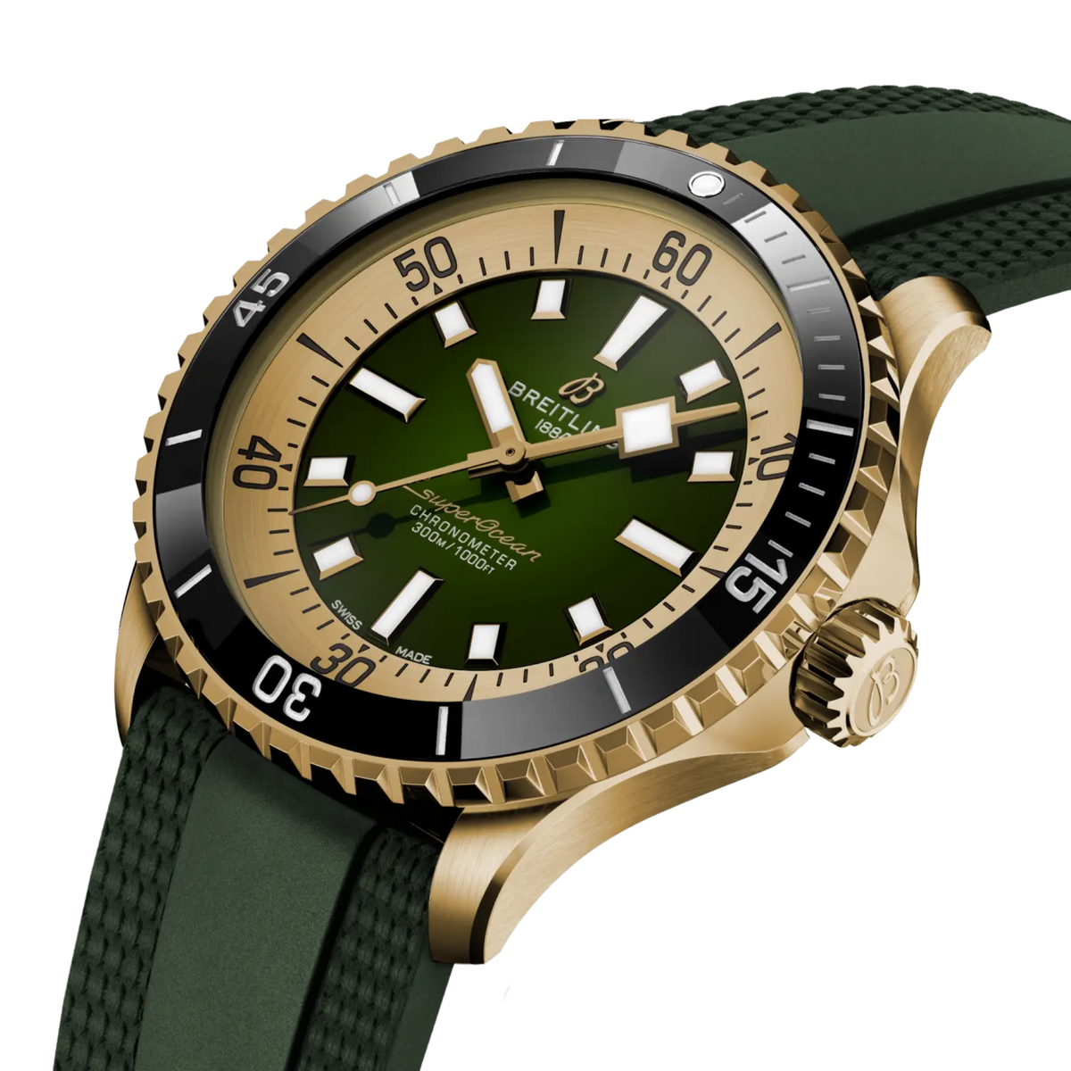 side view of Breitling Superocean gold case with fluted bezel and green rubber strap detail