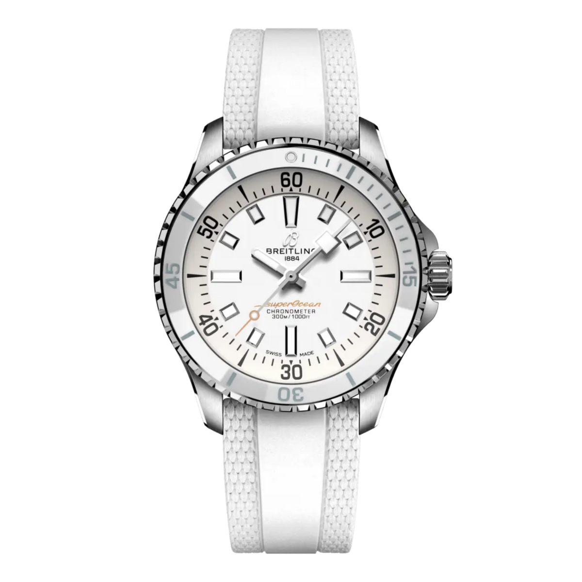 Breitling Superocean white dial watch with matching white rubber strap and clean monochrome finish