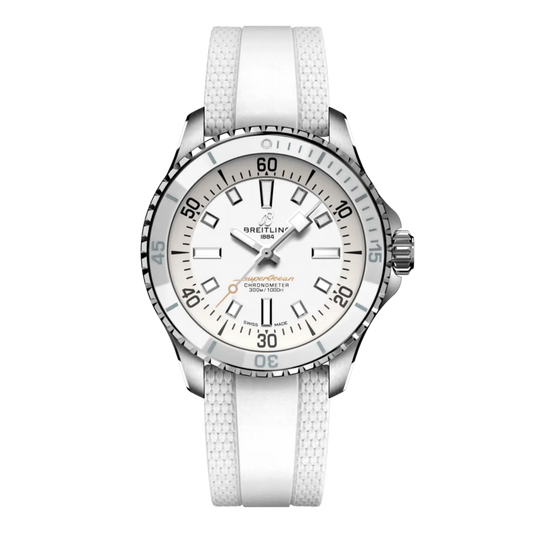 Breitling Superocean white dial watch with matching white rubber strap and clean monochrome finish