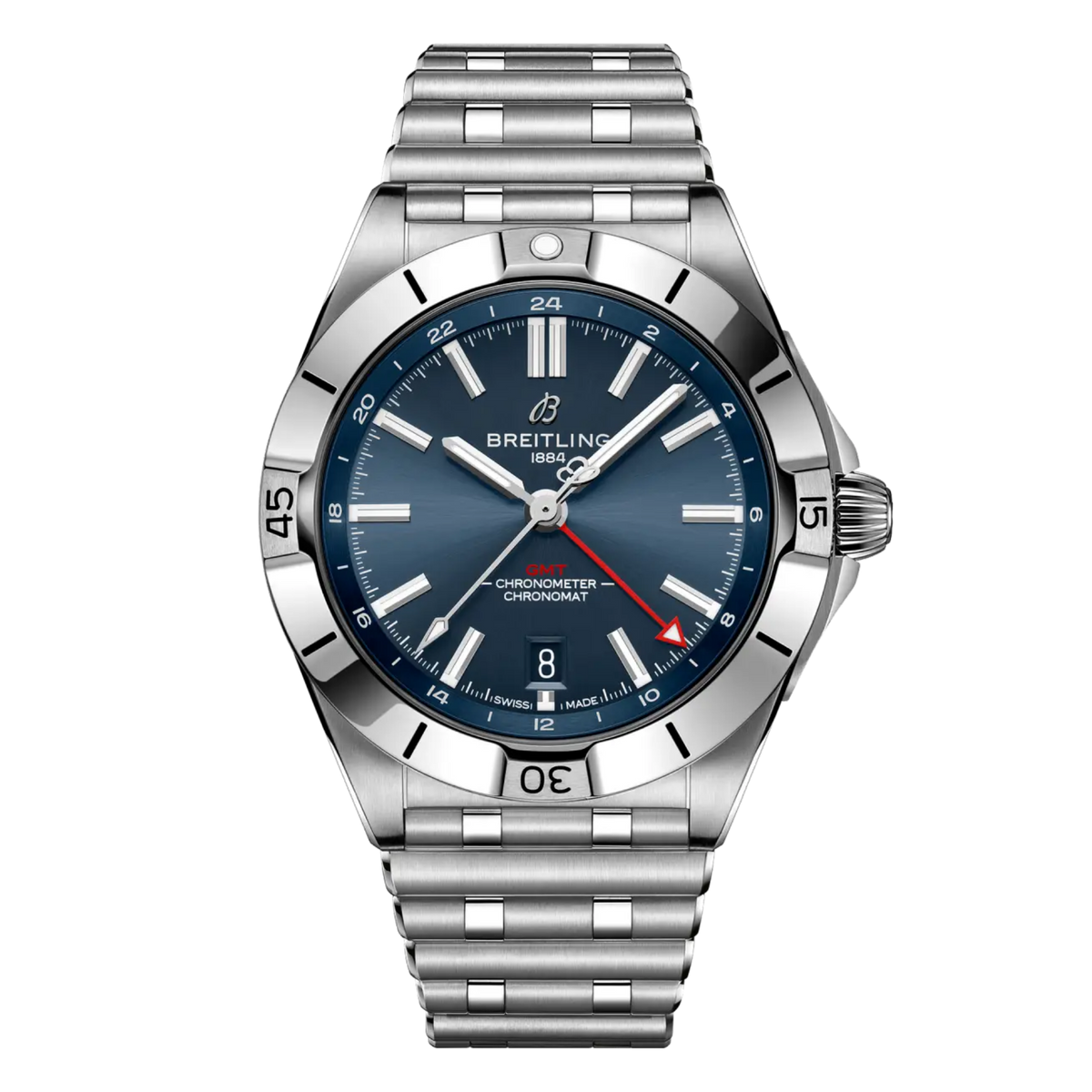 Breitling Chronomat GMT blue dial stainless steel bracelet watch with red GMT hand and brushed steel bezel