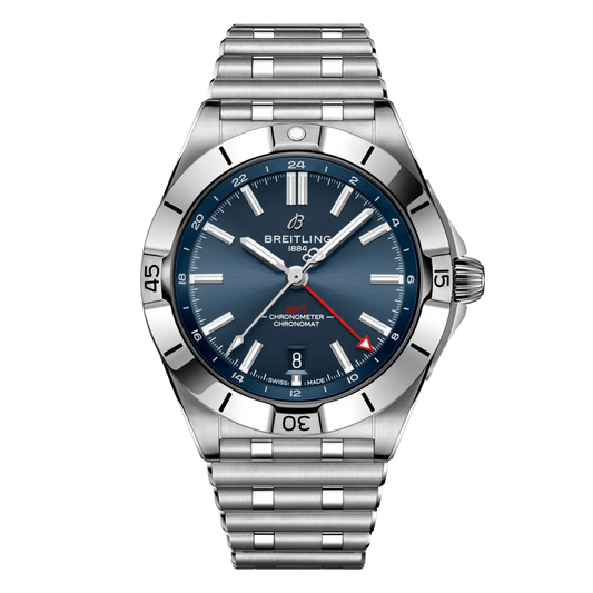 Breitling Chronomat GMT blue dial stainless steel bracelet watch with red GMT hand and brushed steel bezel