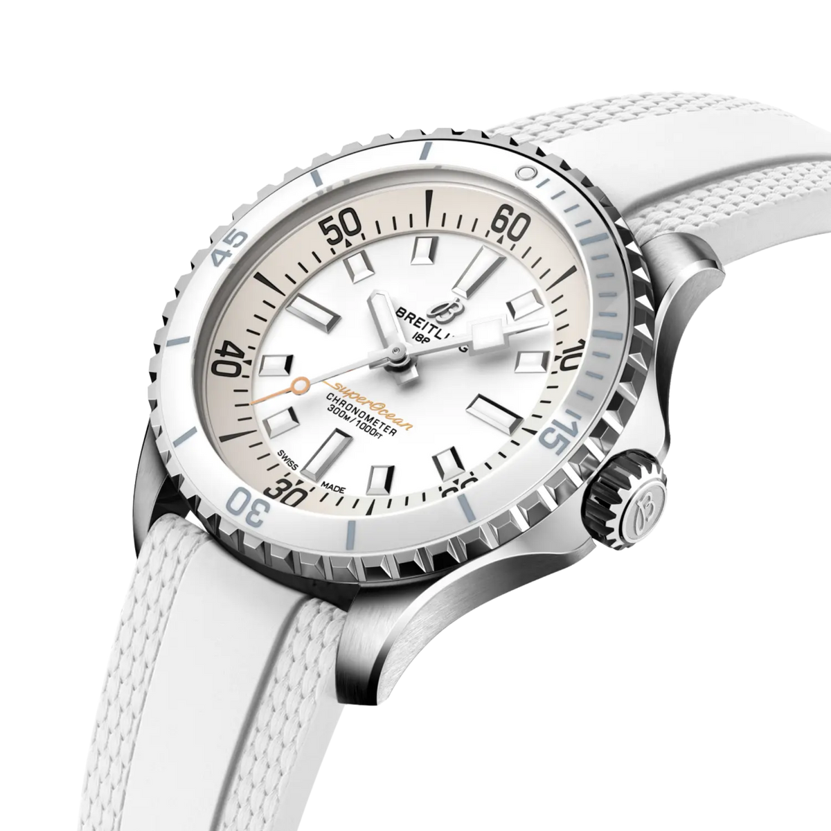 side view of Breitling Superocean stainless steel case highlighting the ridged bezel edge and crown