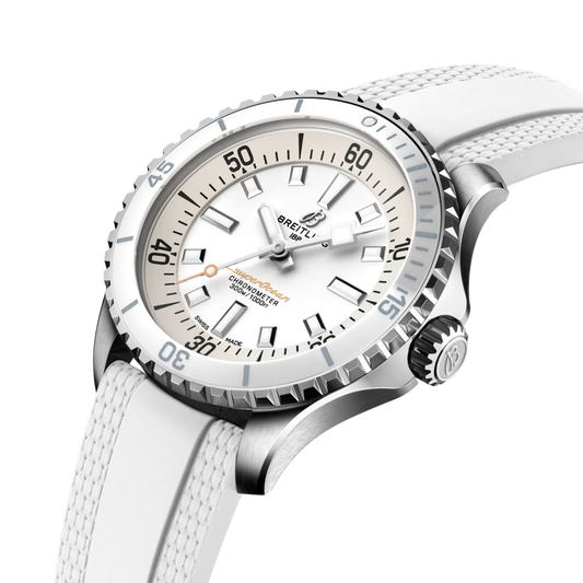 side view of Breitling Superocean stainless steel case highlighting the ridged bezel edge and crown