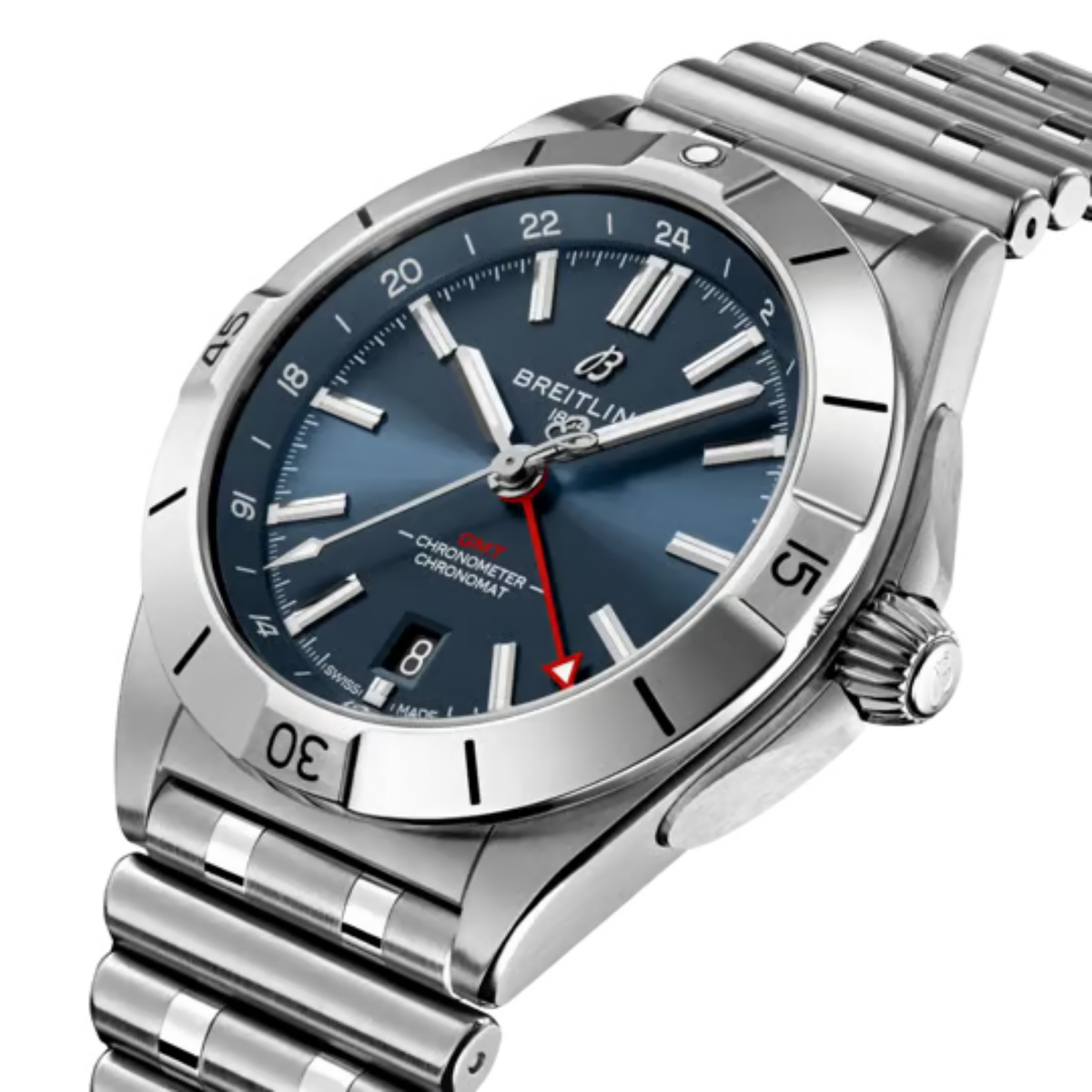 side view of Breitling Chronomat stainless steel case highlighting the rider tab bezel design and crown