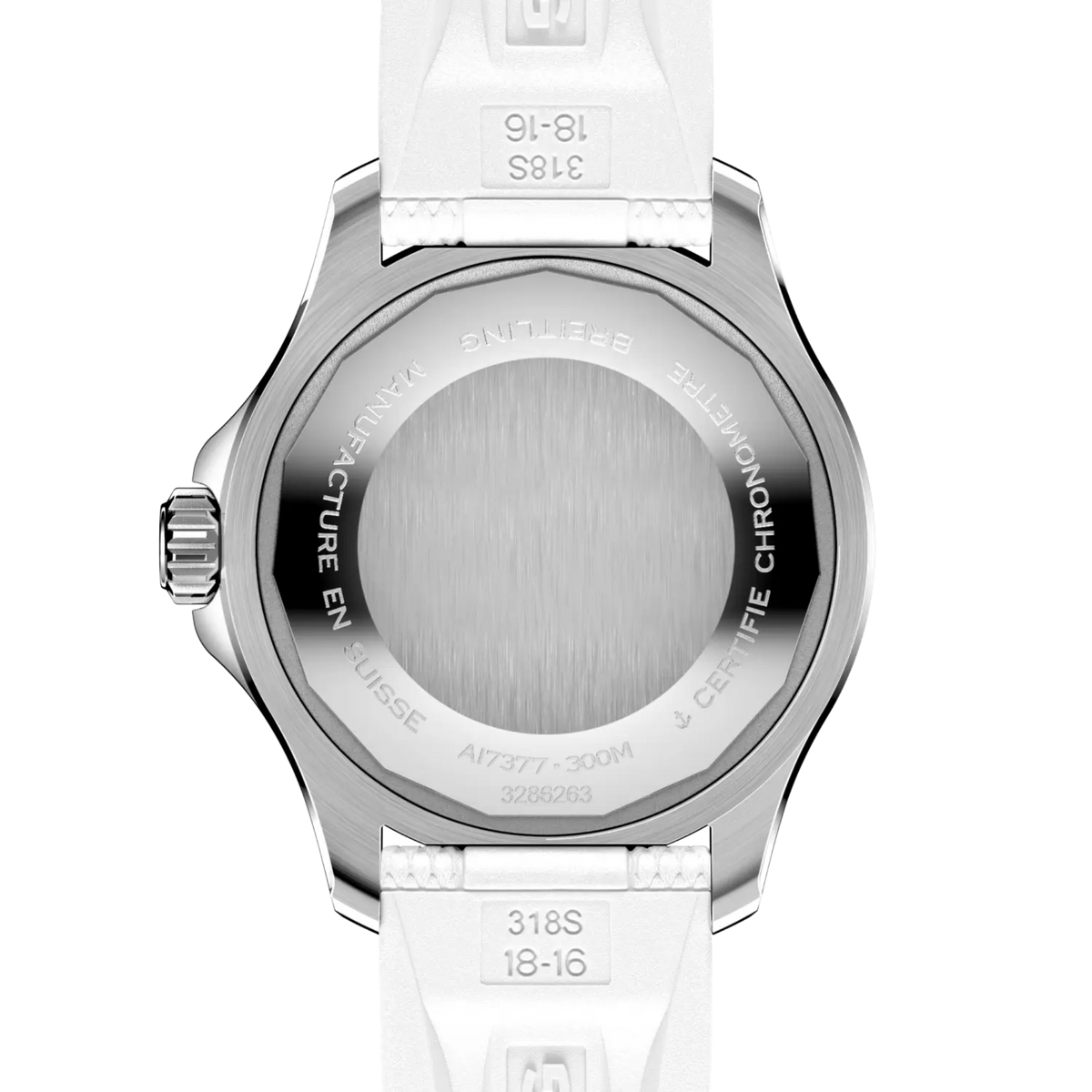 case back of Breitling Superocean stainless steel watch featuring engraved specifications