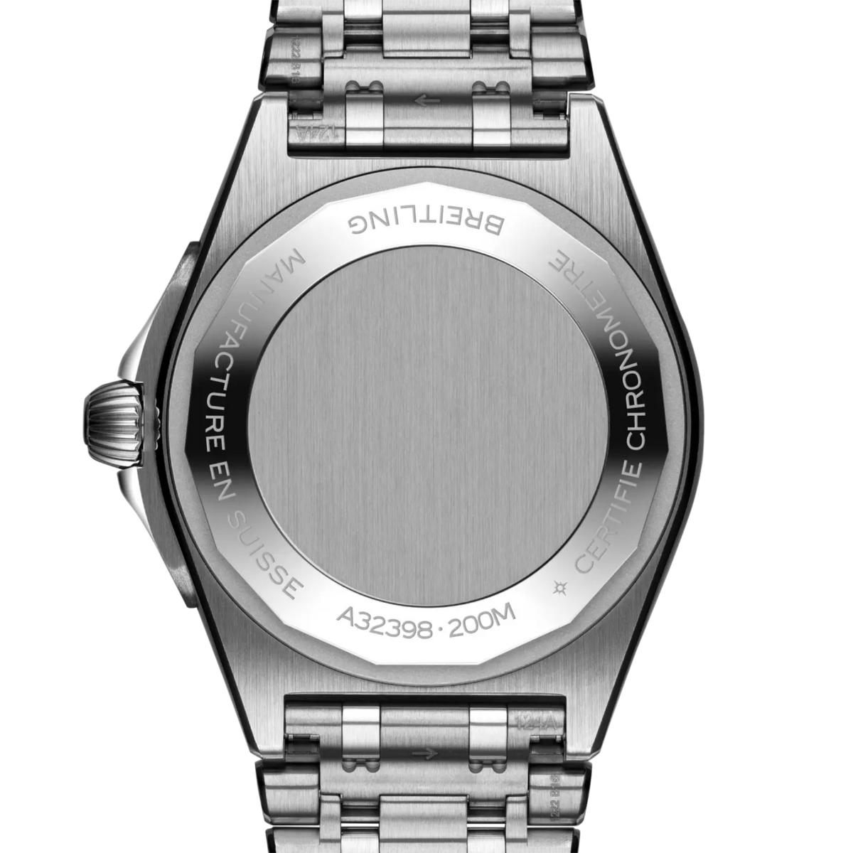 case back of Breitling Chronomat GMT stainless steel watch with engraved chronometer markings