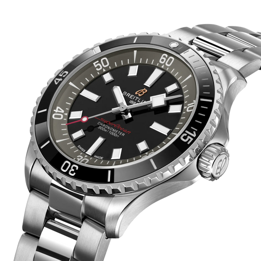 side view of Breitling Superocean stainless steel case black ceramic bezel crown detail