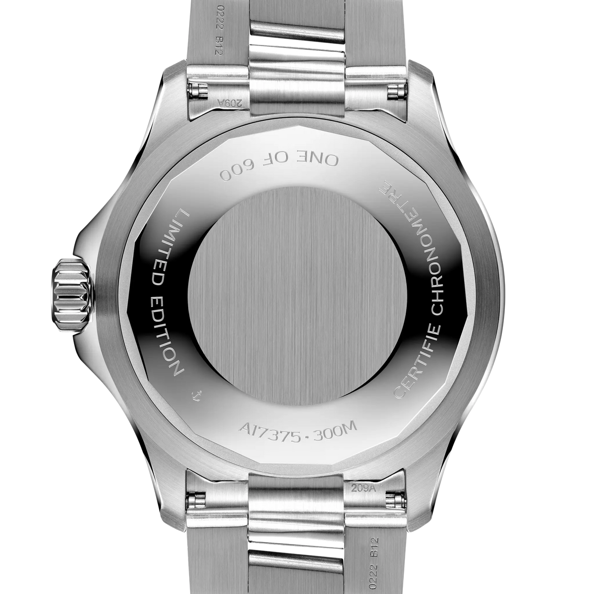 case back of Breitling Superocean stainless steel watch engraved 300m water resistant diver case