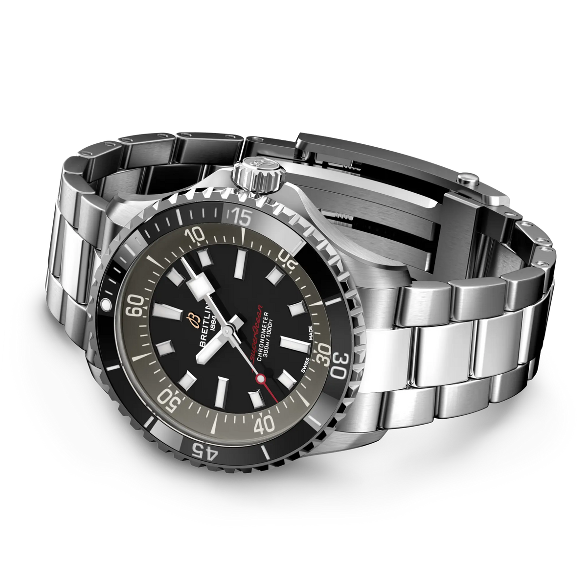 Breitling Superocean black dial steel bracelet watch on wrist sporty dive watch everyday wear