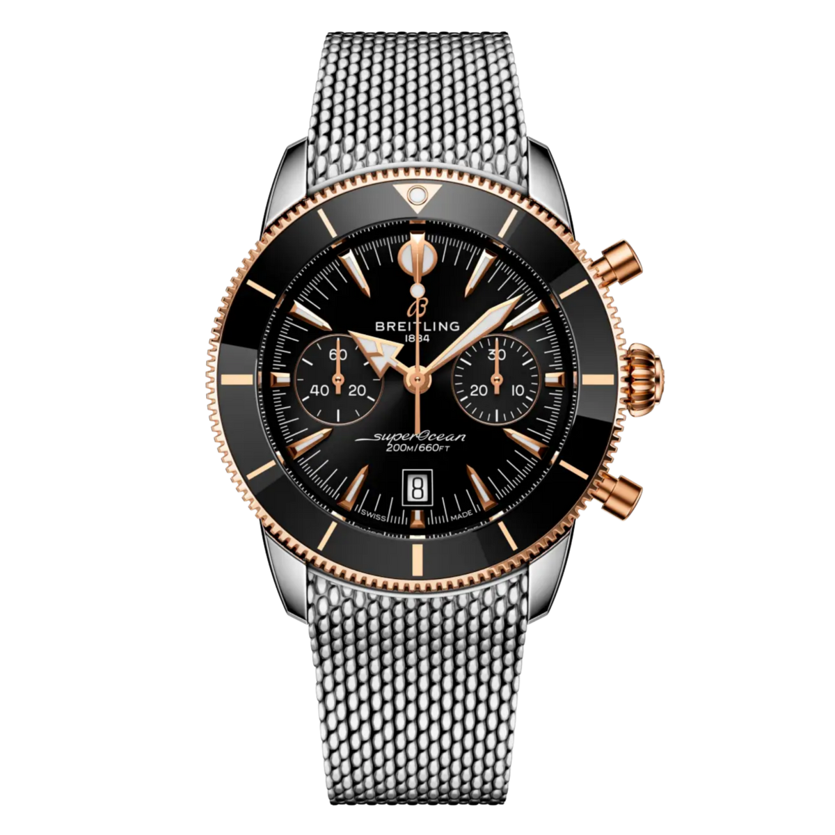 Breitling Superocean Chronograph black dial two-tone watch with rose gold accents and stainless steel mesh bracelet.